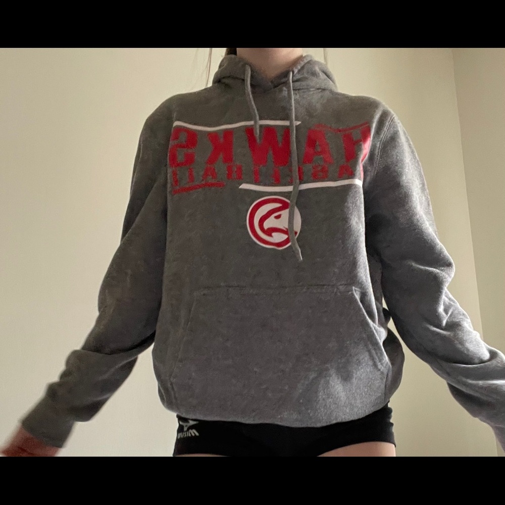 grey, red, and white hawks basketball sweatshirt